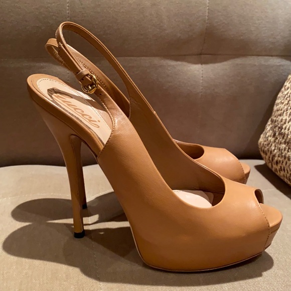 Shoes - Gucci Peep Toe Slingback Platform Pumps